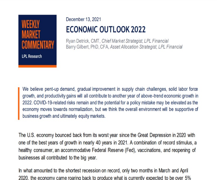 Economic Outlook for 2022 | Weekly Market Commentary | December 13, 2021